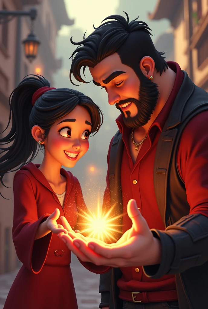Young woman smiling at a tough boy much taller than her. HE HAS a hidden hand and is doing magic without him realizing it, while he points at it with the other hand and stares at it. They are both dressed in red and black. animated