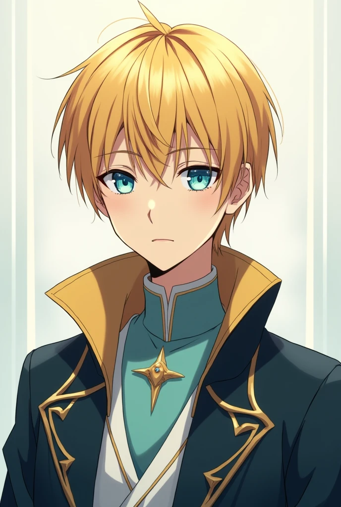 Goldhaariger Mann, short hairs, in priestly robe, sea blue eyes, Anime Style