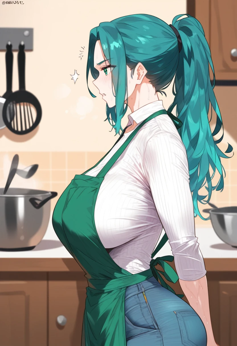 Adult, female, mature, long teal hair, messy teal hair, teal hair, perfect teal eyes, perfect teal irises, voluptuous figure, slender figure, tight jeans and green apron, (Masterpiece, Anatomically Correct, Accurate, Best Quality, Detail, High Details, Quality, Super Detailed, High Quality), standing in kitchen, tightening apron, determined, sweaty forehead, close up, upper body shot, side view, (SuperQuality:1.0) ~ (SuperQuality:1.2)