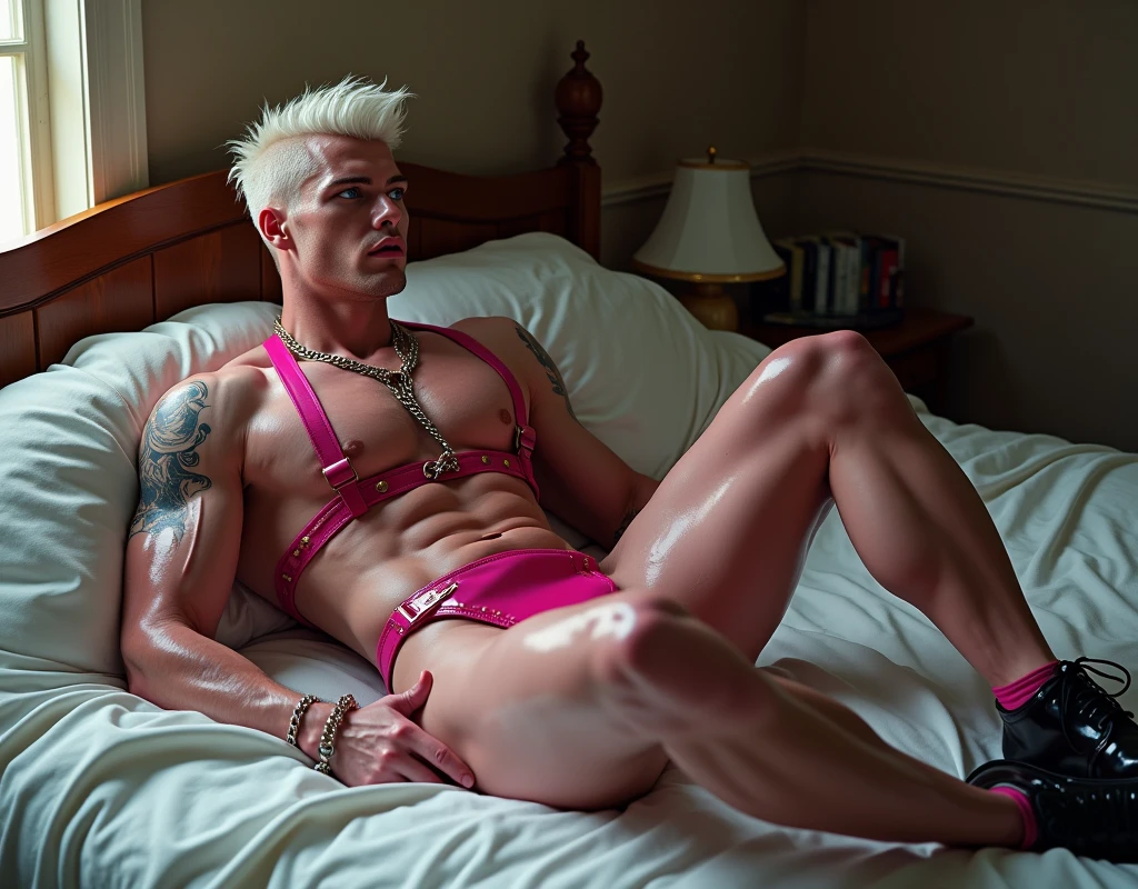 Fullbody picture of white skin Handsome muscular horny nude sexy gay man wearing sexy shiny pink latex harness, shiny black Disconnected Pompadour oiled hair style, blue eyes, shiny varnished vinyl shoes, red lip, chain, tattoos, horny, cum shot, sperm, milking penis, very big penis, very big testicle, shiny oiled skin, oversexed, masturbation, at bed at orgasm.