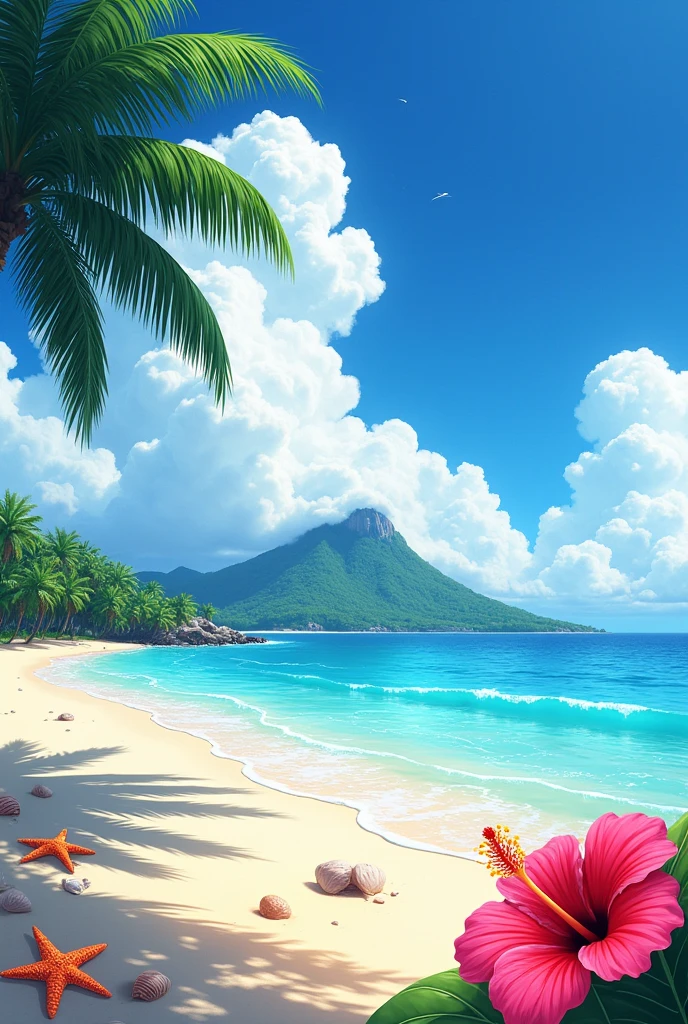 (Beach, Palm tree:1.3), Beach, Shimizu,(blue sky, Cumulonimbus:1.3),(Starfish, shell:1.2),(island),(hibiscus:1.4),