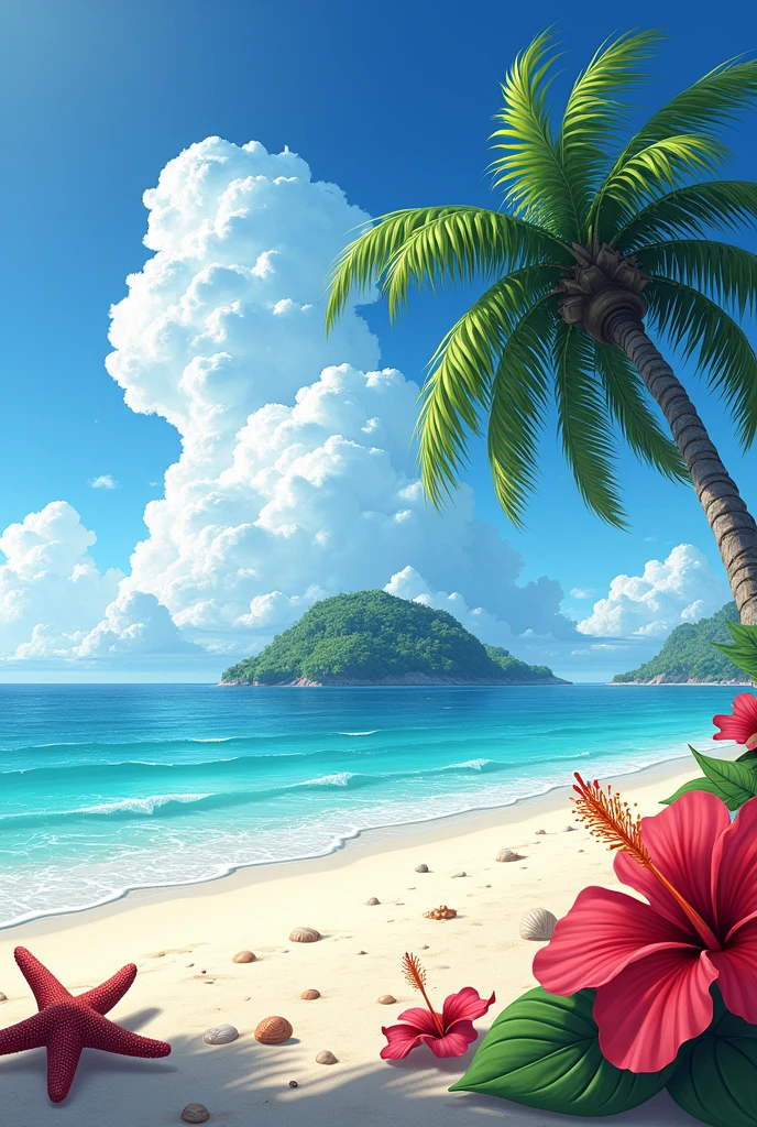 (Beach, Palm tree:1.3), Beach, Shimizu,(blue sky, Cumulonimbus:1.3),(Starfish, shell:1.2),(island),(hibiscus:1.4),
