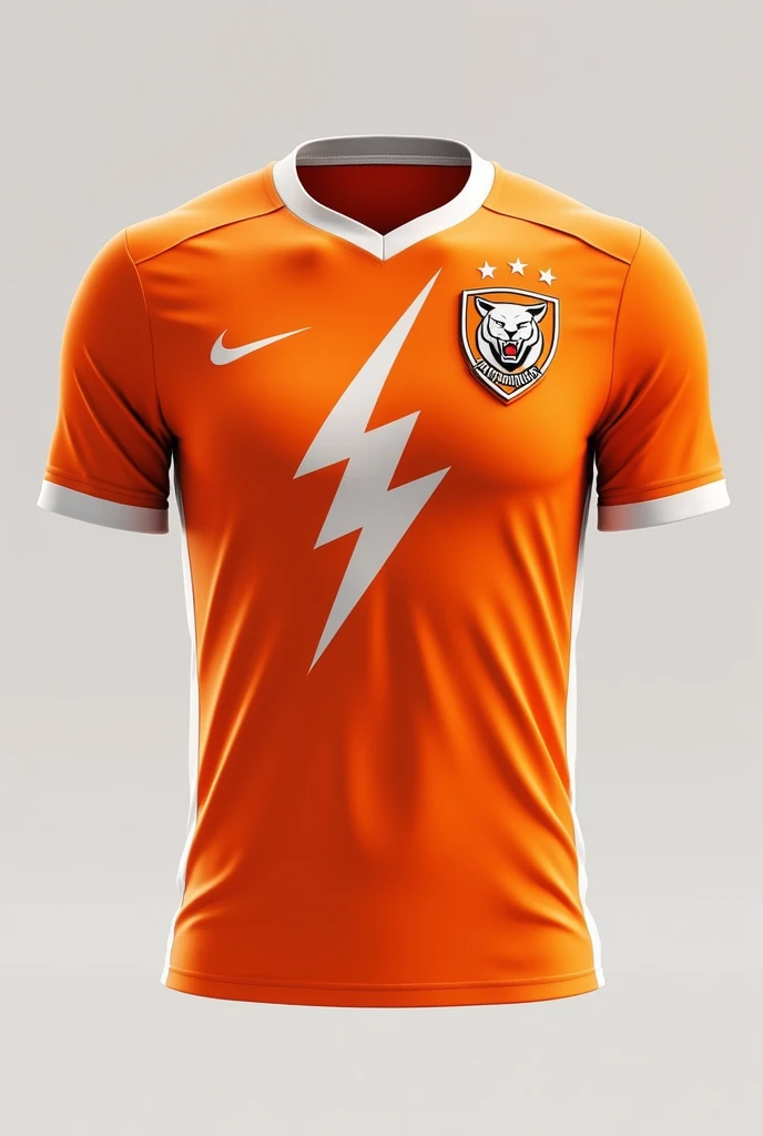 MAKE a plain orange and white shirt front and back with all white sleeves and with the Nike symbol on the right chest and a white lightning bolt in the middle , and also a shield on the small left chest with a panther in front in white and orange and the name PANTARIANOS FC inside the shield.