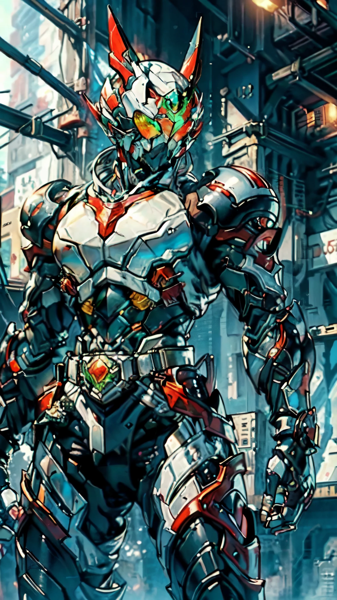 (masterpiece:1.5, best quality:1.5, extremely delicate:1.5), a man wearing a full-face helmet, a fantasy-style biotech armored combat suit, green eyes, (a composite layered chest armor), fully enclosed shoulder guards, matching arm and leg guards, belt of Neon circuit, (the color scheme is primarily black with green and red accents), the design balances heavy with agility, a high-tech bio-mecha armor, (Armor Concept Inspired by Kamen Rider, stand on the top of a skyscraper in a futuristic sci-fi city), this character embodies a finely crafted fantasy-surreal style armored hero in anime style, exquisite and manga art style, (element, plasma, energy, the armor glows), ((male:1.5)), metallic, high definition, highres, ultra-detailed, ultra-fine painting, professional, perfect body proportions, golden ratio, anatomically correct, symmetrical face, extremely detailed eyes and face, high quality eyes, creativity, RAW photo, UHD, 32k, Natural light, cinematic lighting, masterpiece-anatomy-perfect