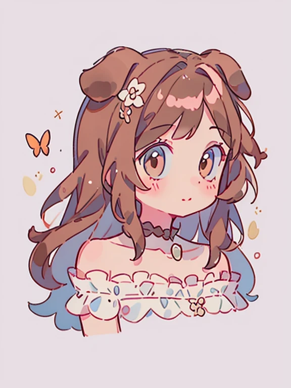 1girl, long brown hair, floppy dog ears, brown dog ears, butterfly hair ornament, brown flower, elegant white off shoulder dress, splash background, image resolution 1024px, solo, sketch, portrait, simple background