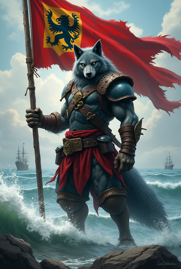 Pirate wolf holding flag with coat of arms written on it Loba solitaria studio Arte