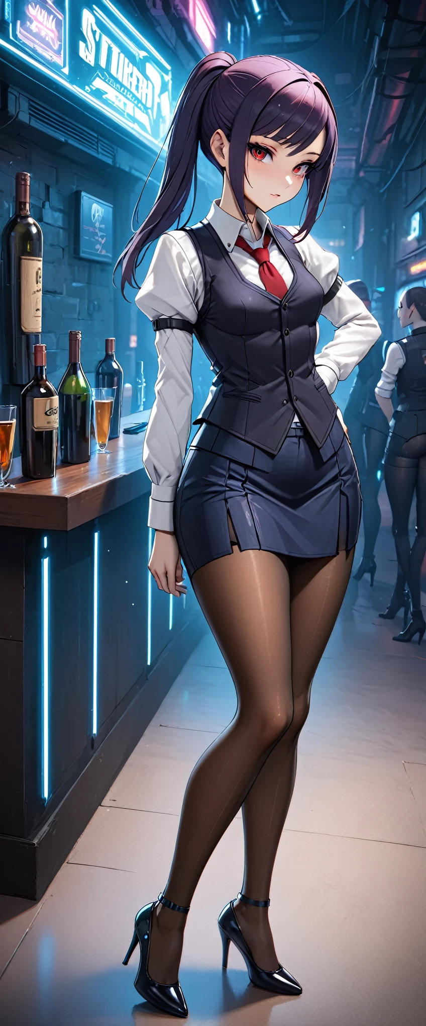 8k, arms behind back, full body, slim figure, flat bust, sparkling red eyes, Light blue eyelashes, high-heels, dark skirt, seductiv, Charming, small tit, jill stingray, necktie, pantyhose, skirt, vest, white shirt, cyberpunk styled bar, masterpiece