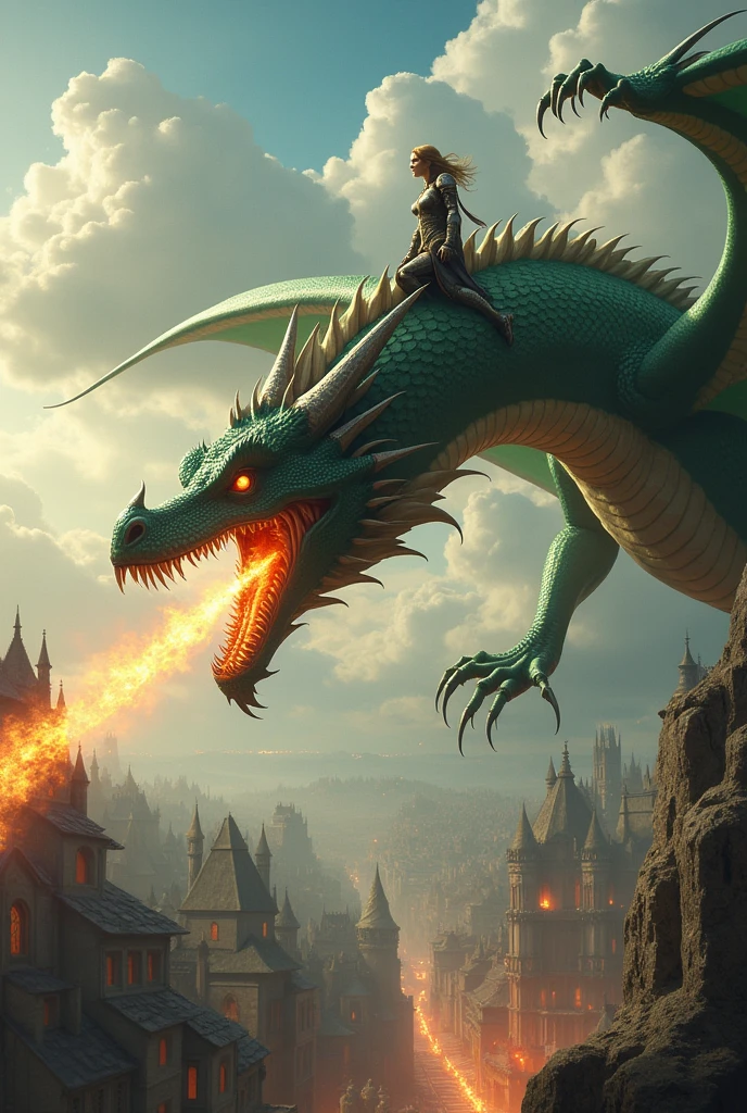 A giant green and white dragon with a female warrior riding it, spitting fire in a medieval city.
