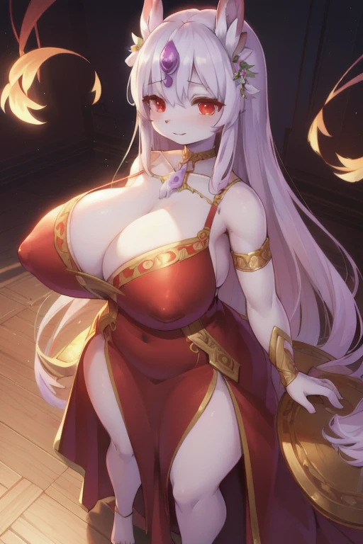 (extremely detailed CG 8k wallpaper, masterpiece, Best Quality, ultra detailed), (better lighting, best shadow, extremely delicate and beautiful), floating, high saturation, dynamic angle, ((1 girl)), gorgeous, ningguang(orchid evening dress) by white, Red eyes, very long hair, hair ornament, hits, huge breasts