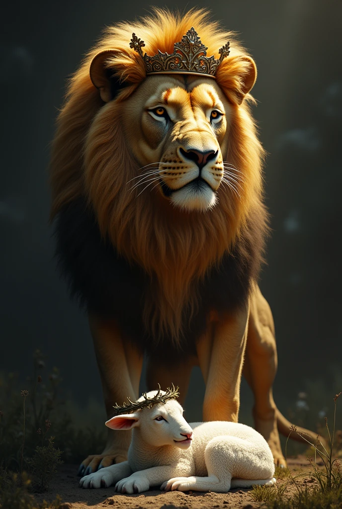 A big and beautiful lion full of glory sitting with a big and beautiful king&#39;s crown protecting in front of him a small sleeping baby lamb curled up with a crown of thorns dripping a little blood with a very dark background where the lion and the lamb shine. 
