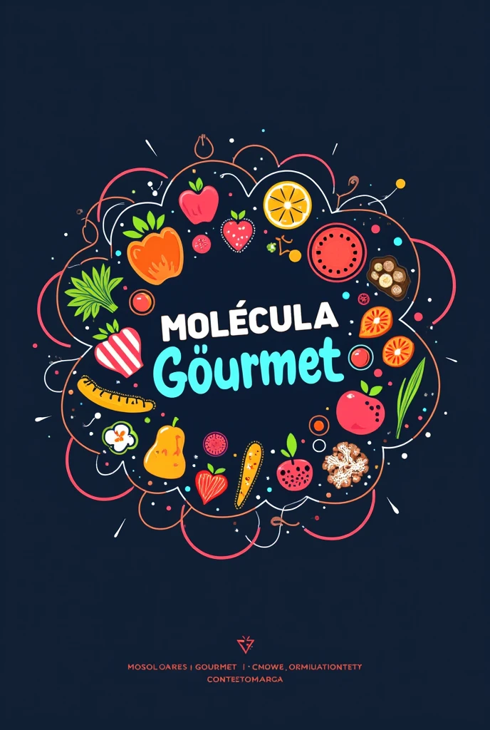 Logo of a molecular kitchen with food silhouettes Make it clear that it is food and make it more futuristic and add the title “Gourmet Molecule” make the title in Spanish make it more youthful