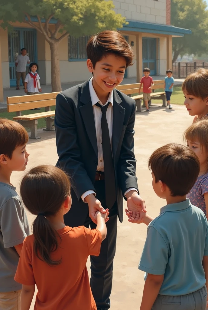 Young person in formal clothes helping children 