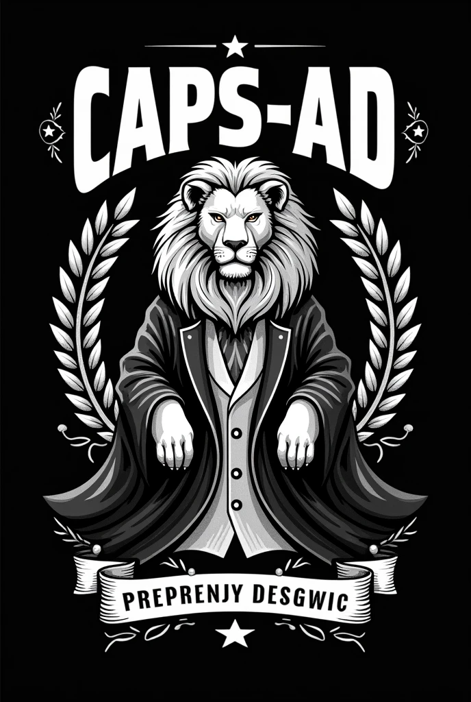 Create a t-shirt design for a group of friends called CAPS-AD, using CAPS elements and phrases and the PROERD lion Create in the gown model/waistcoat, leave the background black with the elements in white Remove the dots in front of the AD Center the name CAPS-AD Remove the twigs in the lower region