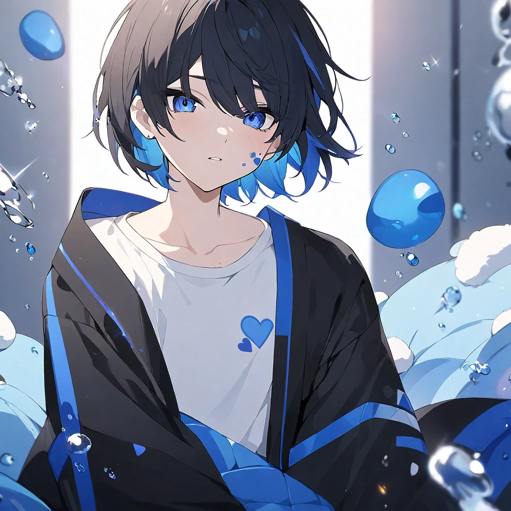Art Anime 4K) (best qualityer) (super resolution) ((vtuber style))a Boy High, Short, Short Hair, Straight Hair, Half Black and the Other Half Completely Blue, blue colored eyes, Water Drop Tattoo on Cheek in Black Color, White T-Shirt with Black Sleeves Dotted with Blue Hearts, fluffly. A Only Boy, Alone.