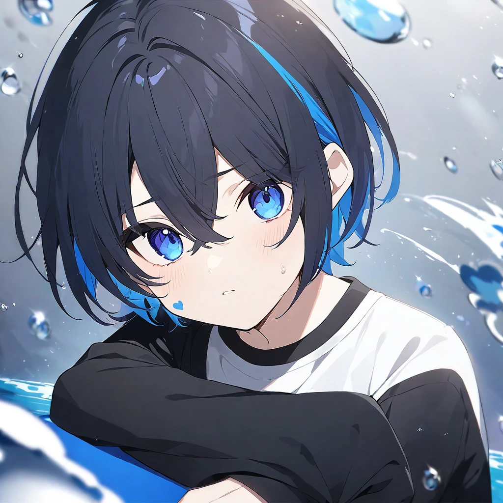 Art Anime 4K) (best qualityer) (super resolution) ((vtuber style))a Boy High, Short, Short Hair, Straight Hair, Half Black and the Other Half Completely Blue, blue colored eyes, Water Drop Tattoo on Cheek in Black Color, White T-Shirt with Black Sleeves Dotted with Blue Hearts, fluffly. A Only Boy, Alone.