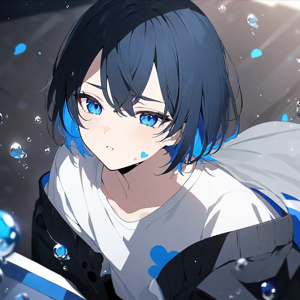 Art Anime 4K) (best qualityer) (super resolution) ((vtuber style))a Boy High, Short, Short Hair, Straight Hair, Half Black and the Other Half Completely Blue, blue colored eyes, Water Drop Tattoo on Cheek in Black Color, White T-Shirt with Black Sleeves Dotted with Blue Hearts, fluffly. A Only Boy, Alone.