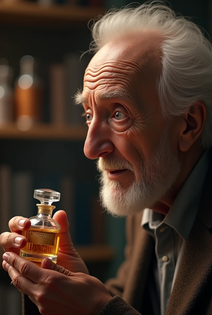 The old man was impressed and amazed by the perfume 