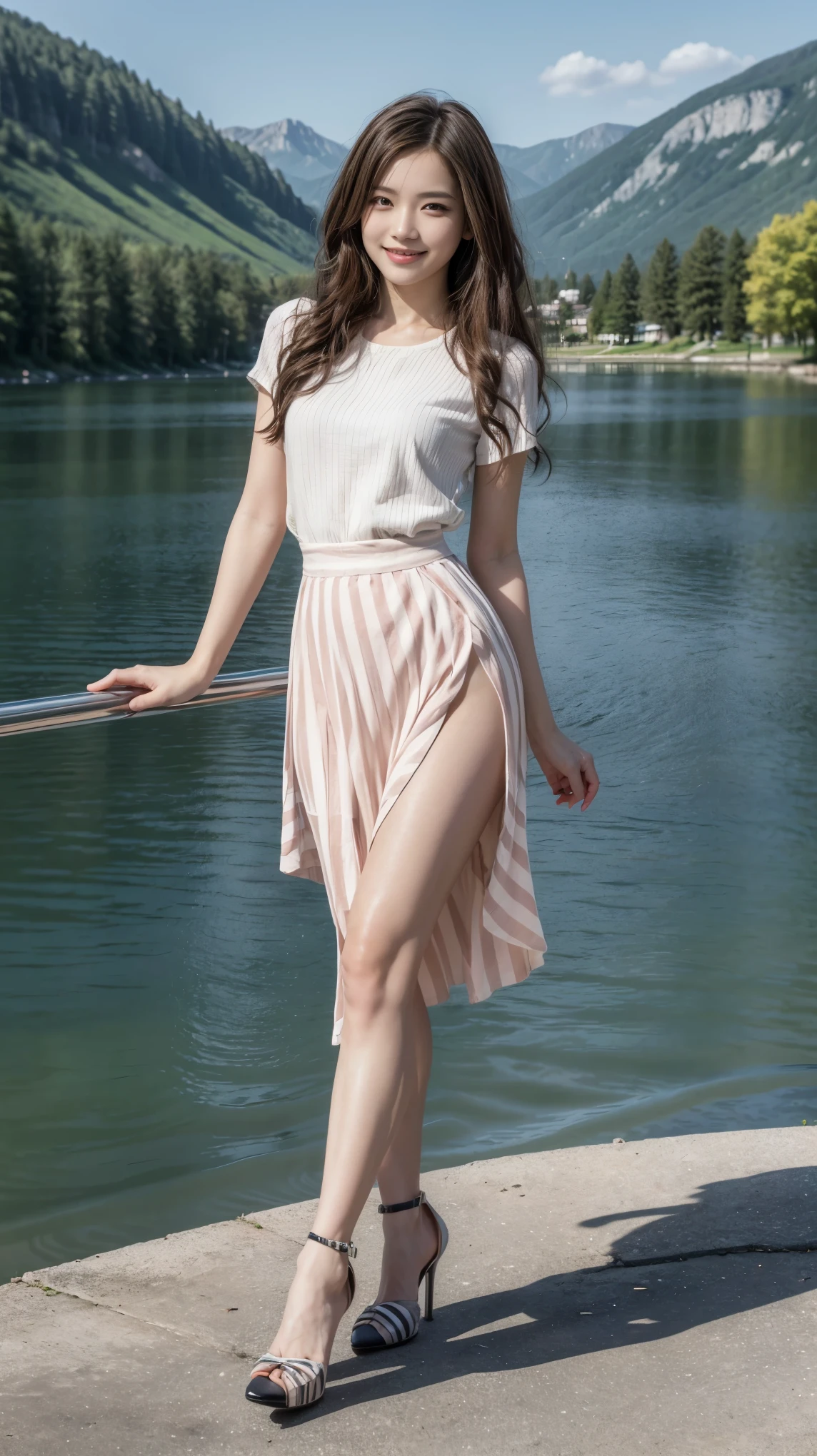 ((masterpiece)),(((Highest quality))),Low angle shot:1.5,Long legs,The best smile:1.5,Slim figure:1.5,whole body:1.5,(one person's:1.3),(Viewer Display:1.4),(Pointy high heels:1.3),(Standing with legs wide apart by the lake:1.2),(Wearing a striped long skirt dress:1.2),Long Curly Hair:1.5,