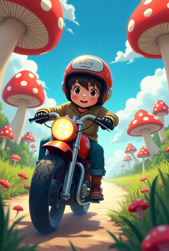 ANIME MUSHROOMS MOTORCYCLE RIDER BOY WITH BACKGROUND NAME KABUTE