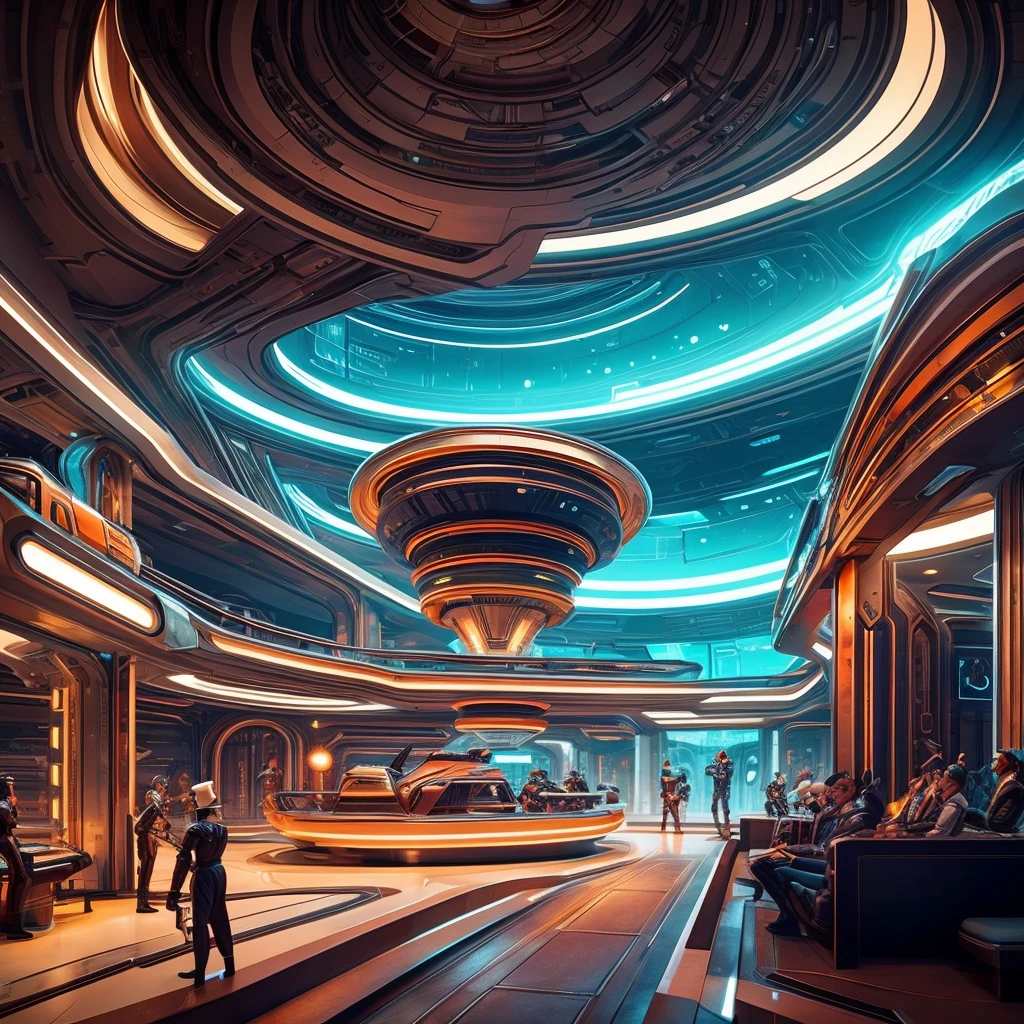 one city with focus on "Agora Hall" in a retro-futuristic style from the 1950s. The hall should be filled with people, all dressed in retro-futuristic attire. Some are wearing sleek, mid-century modern clothing with futuristic twists, while others are in uniforms reminiscent of a spacefaring society. A few individuals are clad in ornate, battle-ready armor with a 1950s sci-fi aesthetic. And the walls feature geometric patterns and futuristic murals. The atmosphere is bustling, capturing the energy and diversity of this imagined society. The overall scene combines vintage futuristic design with a sense of community and readiness for adventure
