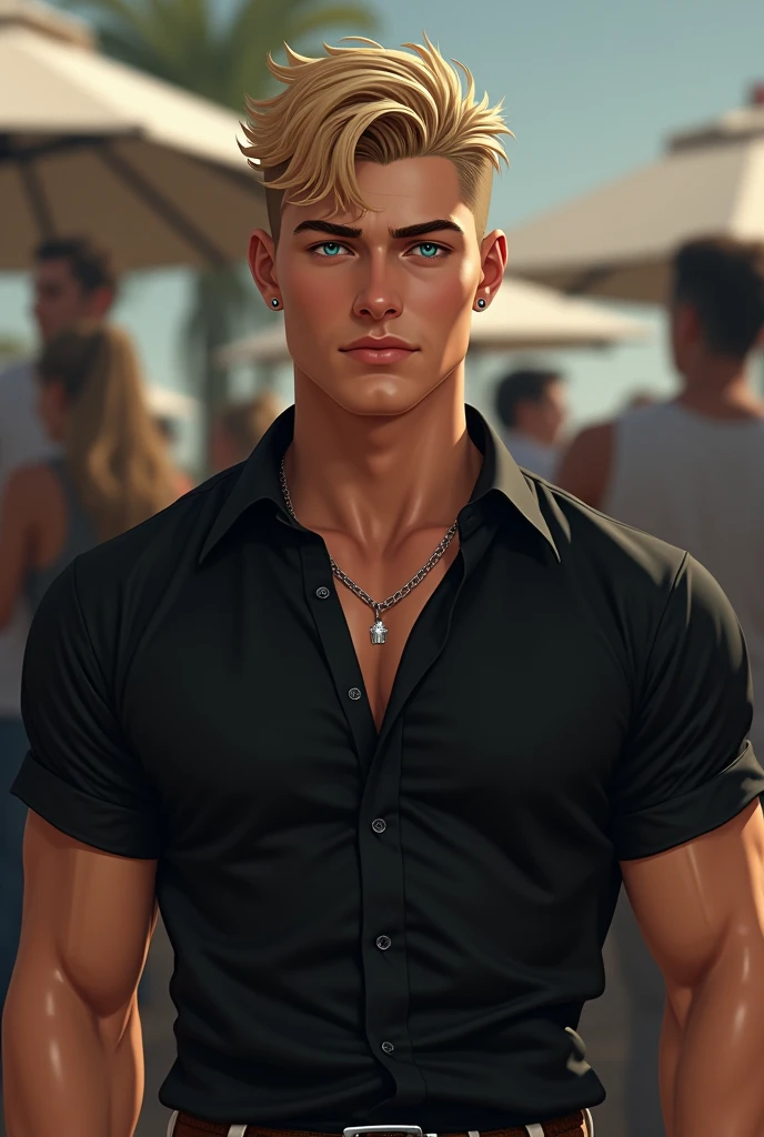 close up of a young blond, muscled_toned_perfect_body, man, wearing thong, sitting on the pathway, smiling the most hansome man ever seen, modern hair cut, oval face, large blue eyes, roman nose, full lips, square chin, he is smiling, in the distance a style realism+neoclassical, intricate details, leading lines composition, intense cold solid colors, plantation_house_ in_louisiana+river+bridge+pathway+forest, of willows, at dawn you see a path flanked by huge willow trees whose branches hang, in the background an elegant 3-story neoclassical plantation house with gothic columns surrounded by a beautiful garden with multi-colored flowers, in the background a river
