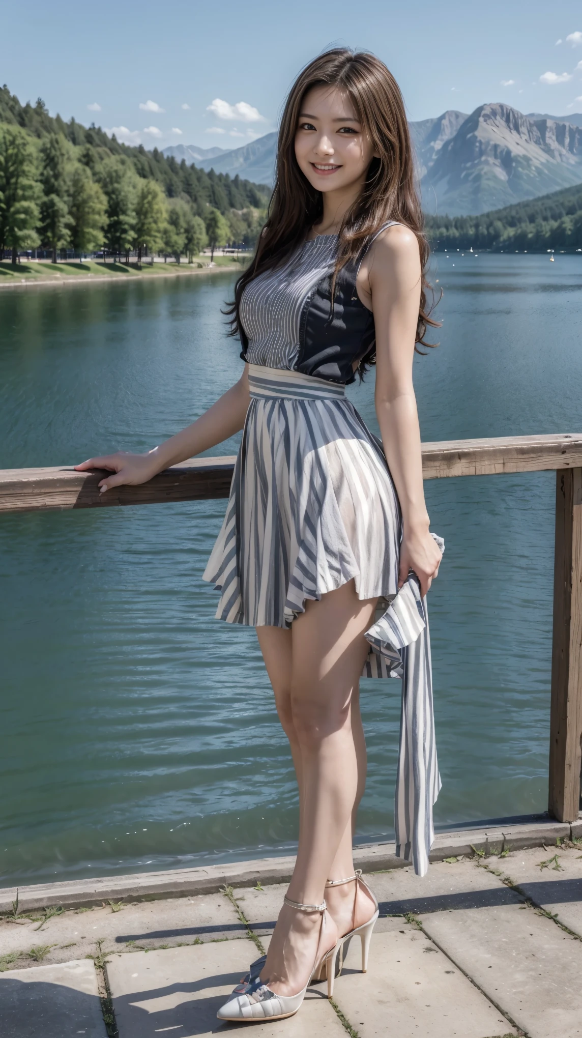 ((masterpiece)),(((Highest quality))),Low angle shot:1.5,Long legs,The best smile:1.5,Slim figure:1.5,whole body:1.5,(one person's:1.3),(Viewer Display:1.4),(Pointy high heels:1.3),(Standing with legs wide apart by the lake:1.2),(Wearing a striped long skirt dress:1.2),Long Curly Hair:1.5,
