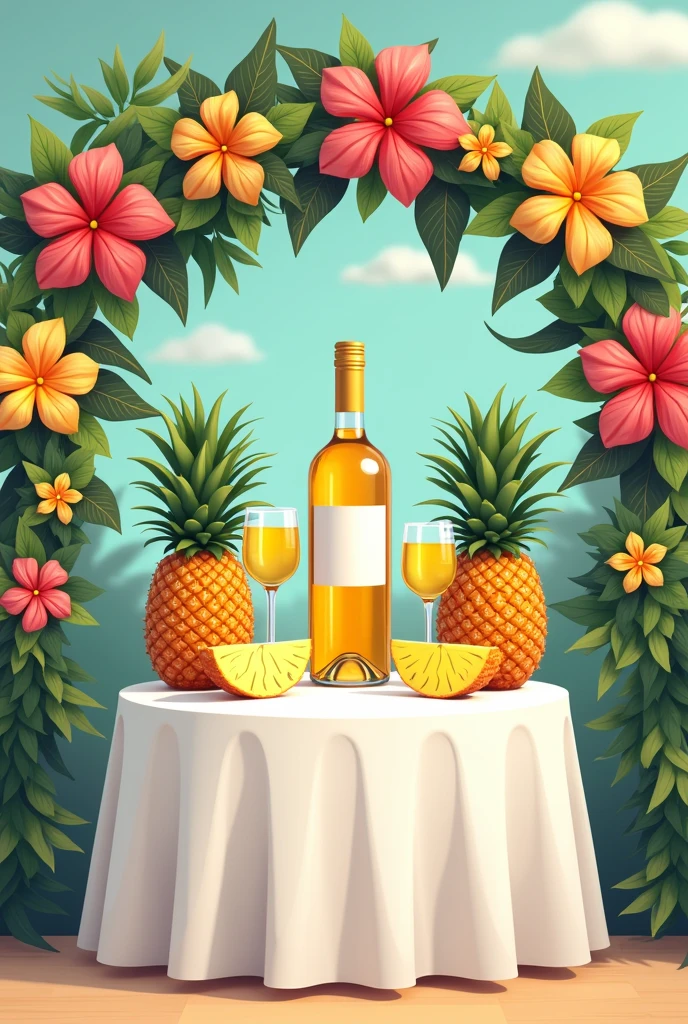 A display table, with a white tablecloth, at a fair with a bottle of pineapple wine and two pineapples, one on each side of the wine and pineapple slices and a glass of pineapple wine, with an arch decorated with tropical flowers and 2d style