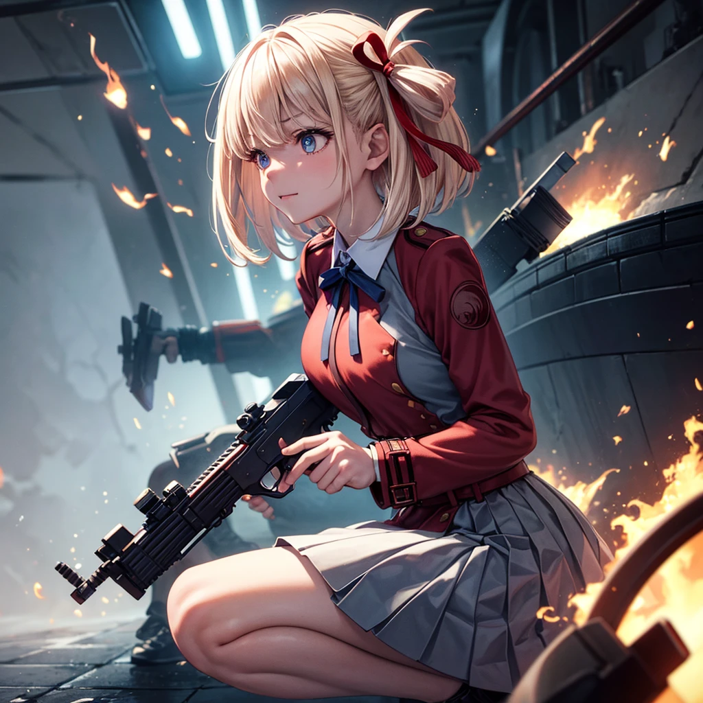 masterpiece, illustration, 8K, best quality, (((Chisato Nishikigi))),big breasts, ribbon,red_eyes,blond hair,short hair, hair _ribbon,, (lycoris uniform, two-tone dress, grey dress, pleated dress, belt, Red belt, neck ribbon, blue ribbon, long sleeves,) smile,bishoujo,beautiful detailed hair,beautiful detailed eyes,beautiful detailed skin,glistening shiny sparkling skin,4d cinema, unreal engine,depth of field, illustration,amazing、Girl shooting gun, (muzzle explodes), ((looks into sight)), closes one eye, finely drawn automatic rifle, bulletproof suit, (side view), syncs body orientation and gaze, one knee crouching, serious expression, tracer, burning city, war