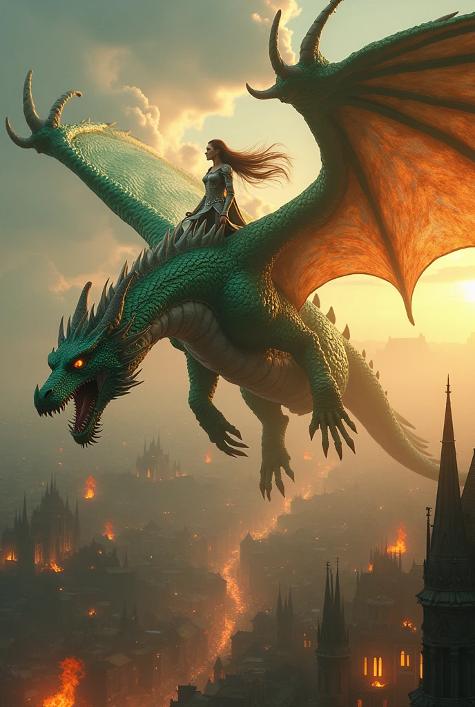 A giant green and white dragon with a female warrior riding it, spitting fire in a medieval city.

