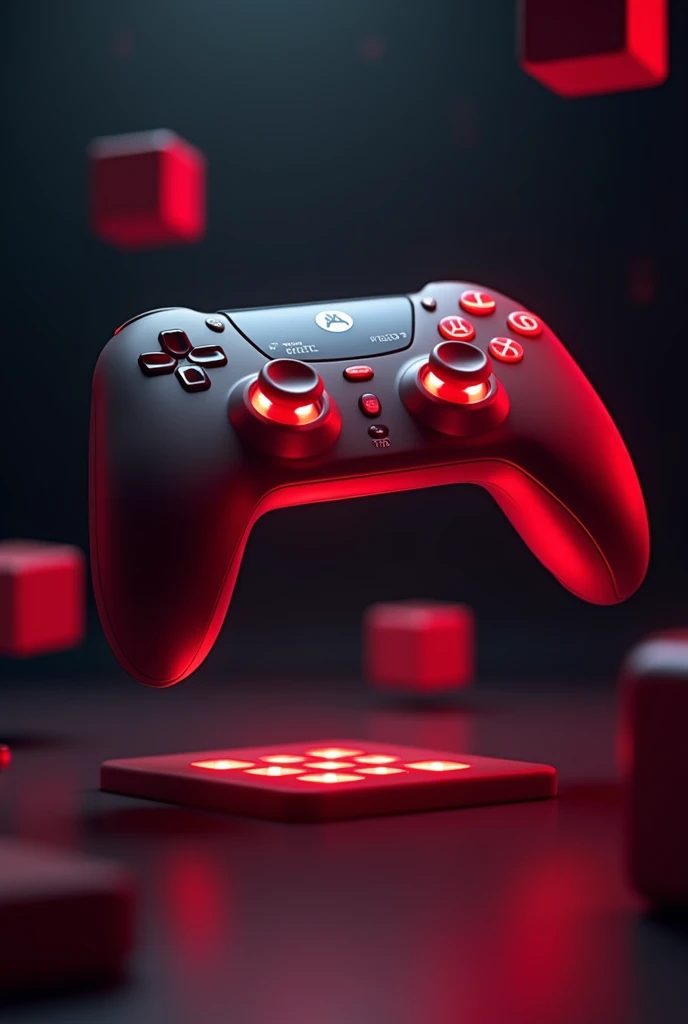 Floating video game controller, futurist, red glow, 8k, ícone flutuante Jogos futurist, floating icons, video game control, reset, Cubes, logo