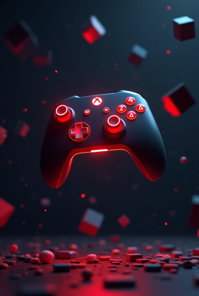 Floating video game controller, futurist, red glow, 8k, ícone flutuante Jogos futurist, floating icons, video game control, reset, Cubes, logo