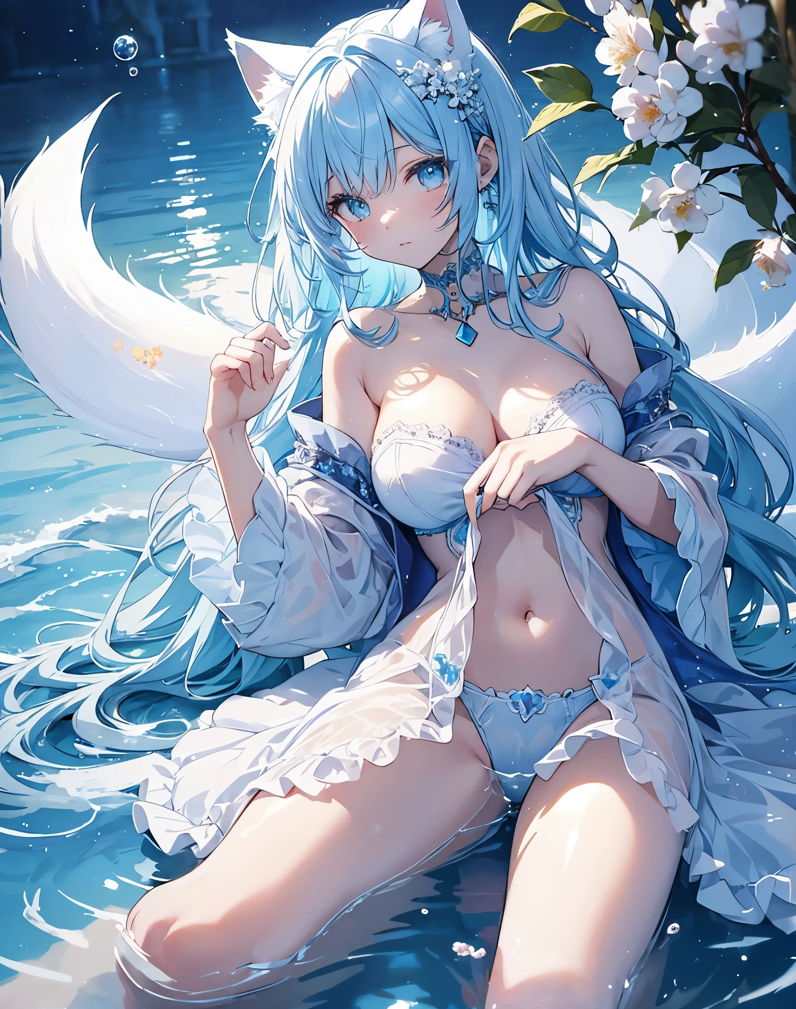 soles, masterpiece, Hatsune Miku, 1 person, solo, hair inhalation, face up, blue sky, glow white particle, (sidelighting:1.2), sun rise , pink cloud, detailed clouds, slender, Lovely small exposed large breasts, super cute smile with teeth, red cheek, blushing, beautiful green hair, magic light, deep shiny blue eyes, cute girly pause, Draw your breasts inward and push them up, choker, extremely beautiful red see-through kimono, kimono, from behind, off shoulder, shoulder blades , exposed breasts, exposed pink nipples, green tie ,super detailed beautiful Kyoto view background, sunset view, wide shot, giving peace sign, jumping, fun, full body, blue flame magic