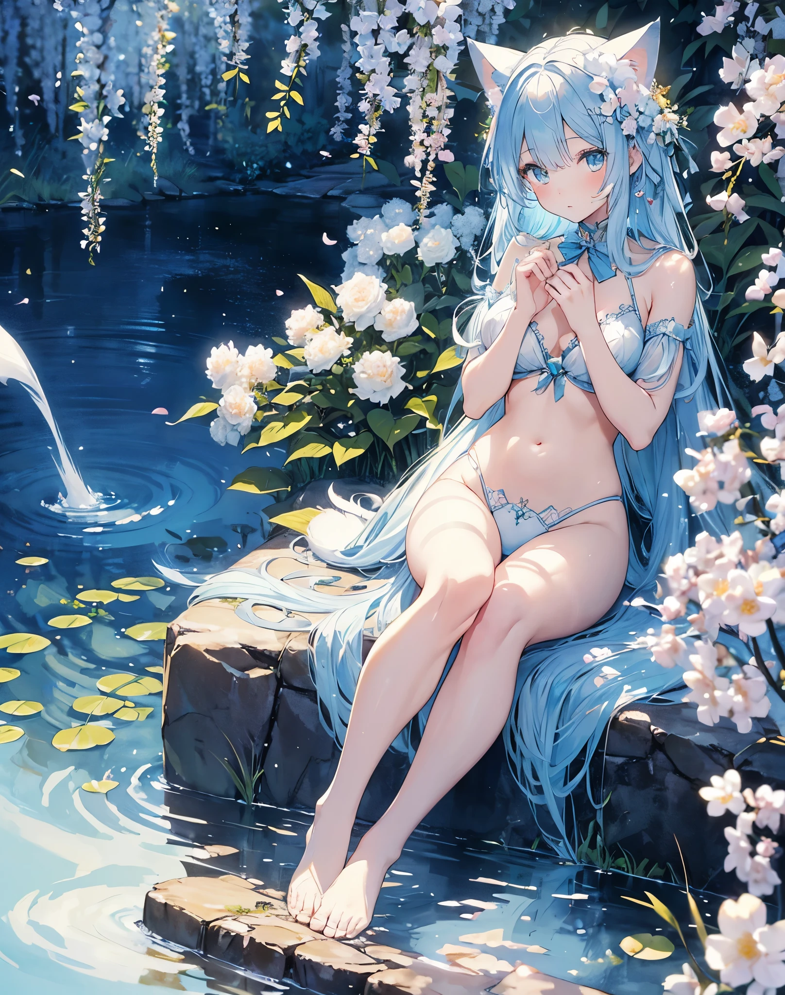 (high quality, 8k), (Soft Light), Iridescent, One nekoGirl, neko ears, fox tail,Detailed face, Beautiful Eyes, watercolor paiting, So magical and dreamy, Dreamy details, Dreamy atmosphereとドラマ, Gorgeous atmosphere, Fantastic and beautiful lighting, Dreamy atmosphere, Beautiful atmosphere, Dreamy Romantic, Fantastic and dreamy theme, Magical atmosphere, Beautiful atmosphere, Anime Background Art, Magical atmosphere + Tabletop, Dreamy aesthetics, Beautiful details with atmosphere, Lots of flowers, bubble, water, garden, Sit on the ground, Shining Eyes. (((Light blue hair))), (((white cat ears))), (((light blue fox tail))). Water. She hold a little cute white fox on her belly between her hands. She is walking over the water like a Nymph, bare feet, lingerie