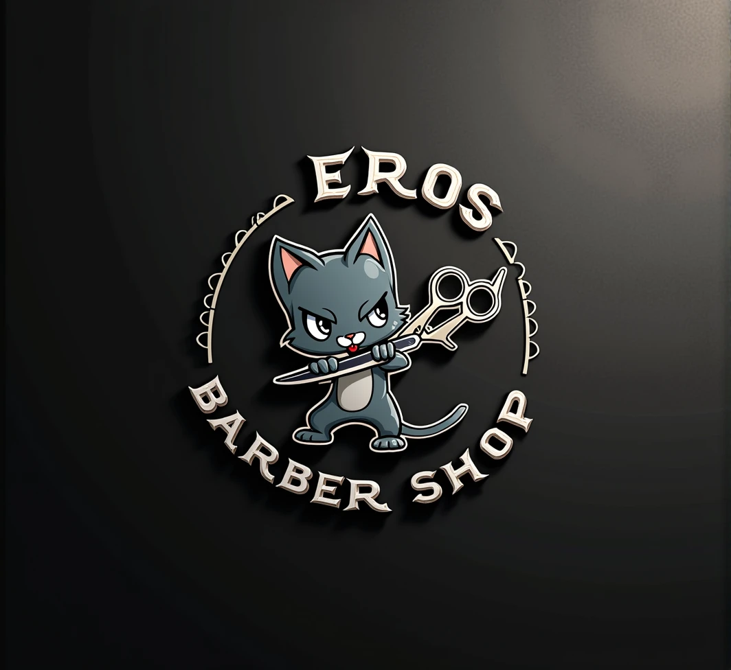 Logo for a barbershop that says Eros barber shop and includes a cat with scissors for cutting hair 