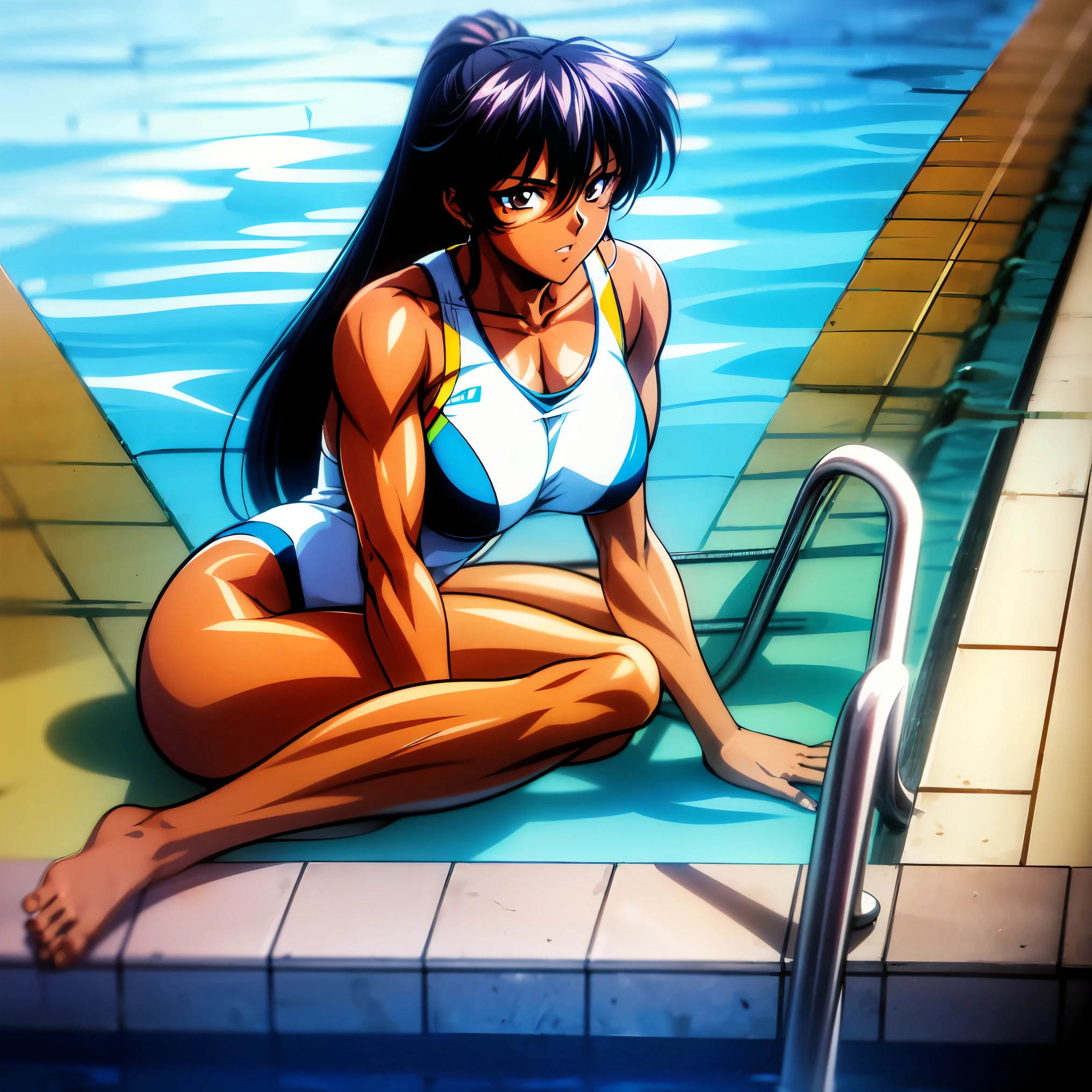 (((((full body))))), (((((dark skin))))), ((((tanned skin)))), (((muscular body))), (((muscular))), (((sitting near the swimming pool))), masterpiece, best quality, anime, anatomically accurate, detailed face, pretty face, extremely detailed face, ((((1girl)))), (((long hair))), (((long legs))), (((huge breasts))), (((tall girl))), ponytail haircut, black hair, big and expressive eyes, ((competitive swimsuit)), leg spread, (muscular legs), mesmerizing hair, muscular hips, (Perfect hands and fingers very well detailed), full body photo, (((swimming pool))), spanish girl, 20 years old, reflection in the eye, dark eyes, anime, Anime Style, cinematic lighting, ray tracing, panorama, Sony FE, high definition, artwork, Anatomically Correct, Textuvermelho Skin, super detail, high quality, high resolution, high definition