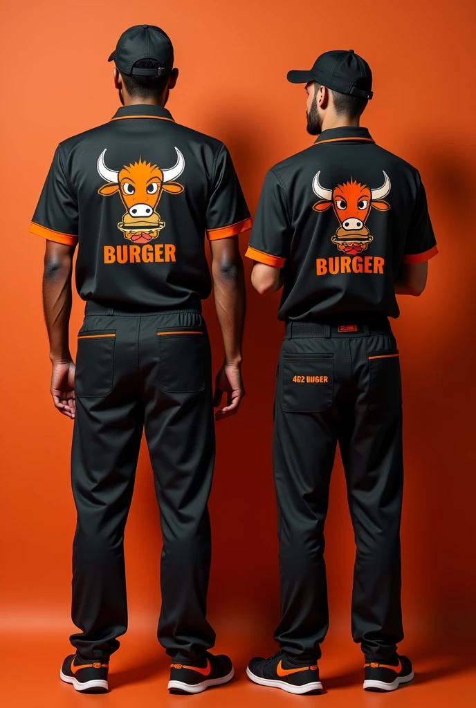 Design a uniform for my burger restaurant called 402 BURGER in black and orange, with the head of a buffalo printed on the back of the shirt happily enjoying a hamburger with saliva and on the front our 402 BURGER logo