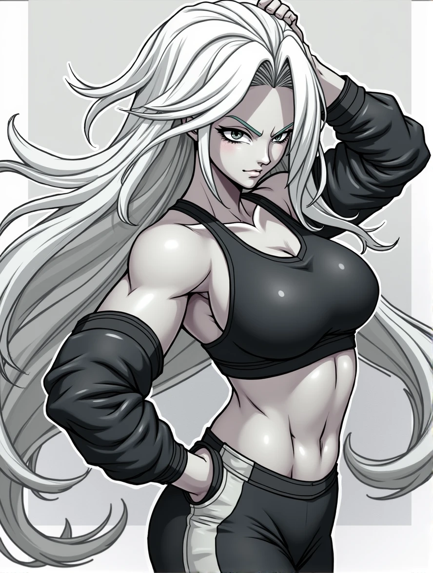 Android 21 is wearing sportswear and showcasing her back to the camera, black and white art, full body shot, Comic Cover, DRAGON BALL