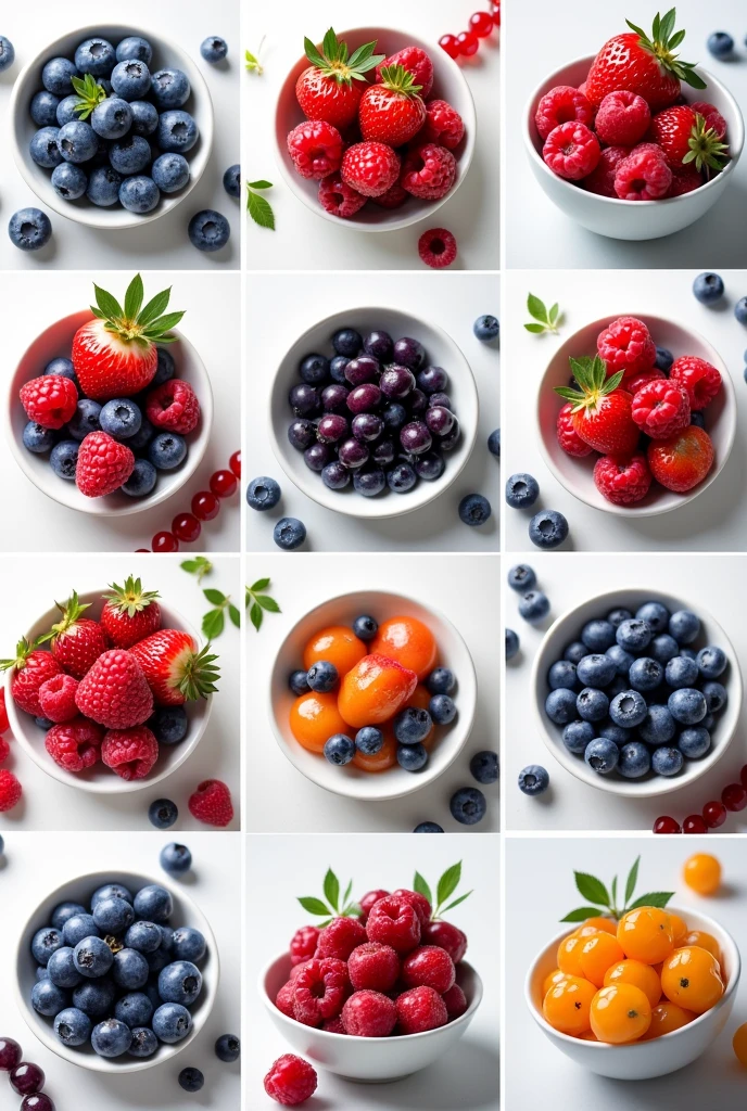 Collage of 9 colorful photographs.
Each photo shows berries in a bowl.
Different shapes and colors. blueberries, raspberry, strawberry, tuta, Currant Summer, joy 