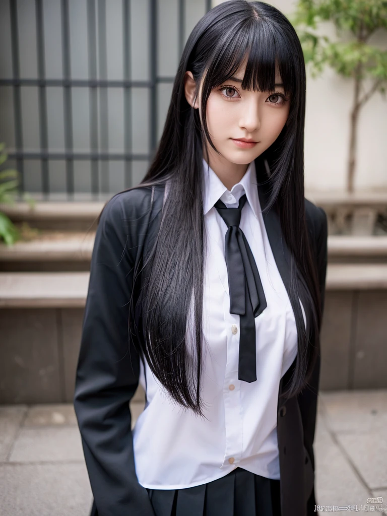 Girl with long black hair and bangs, Red eyes, slightly large lips with a natural red color, slightly big breasts, Jujutsu Kaisen uniforms