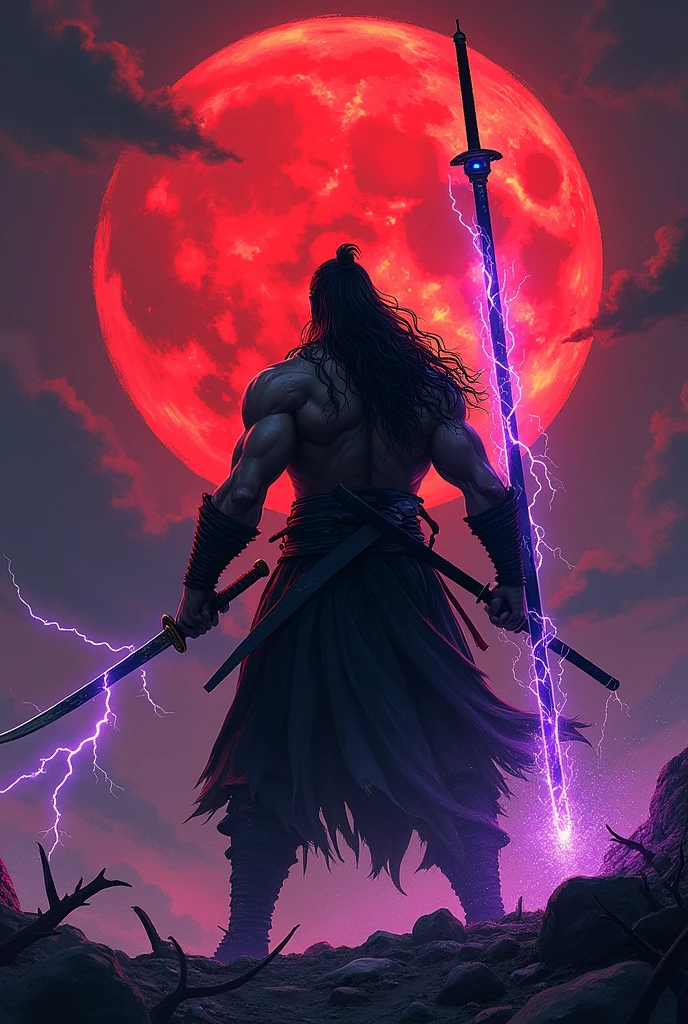 work of art, 4K, ipad ratio, an axe, full moon night, bloody moon, reddish sky, man with prostate arm, katana with black blade imbued with purple flames and lapis lazuli, cop "strengthened backhand serve", dark red and black ink, post war environment, Ishin Ashina, giant spear with lightning