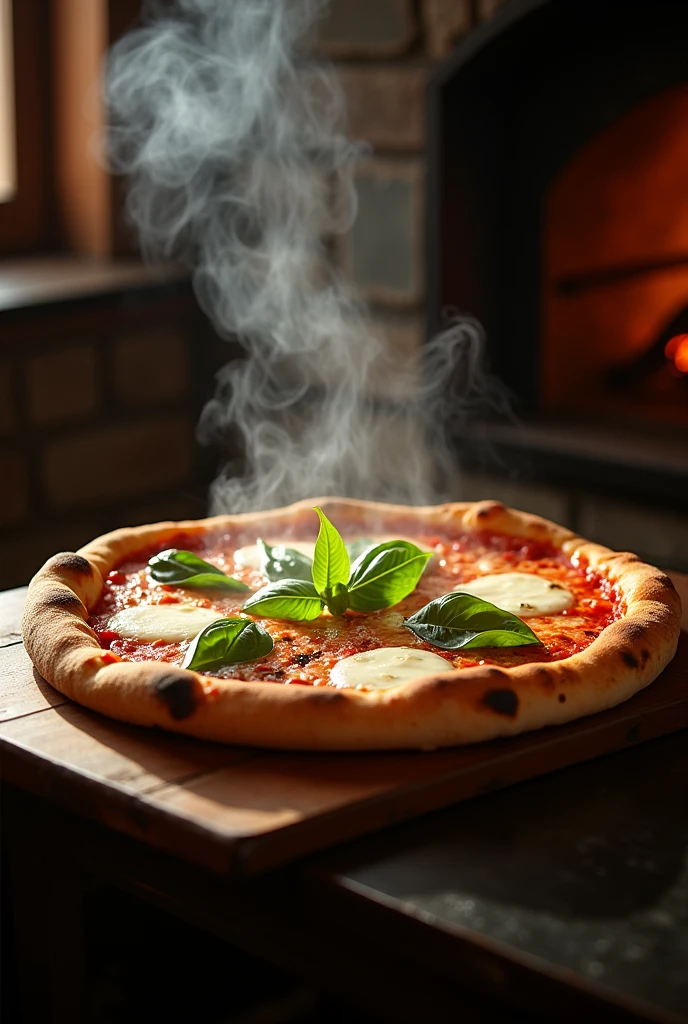Neapolitan pizza steaming hot out of the wood-fired oven, with basil 
