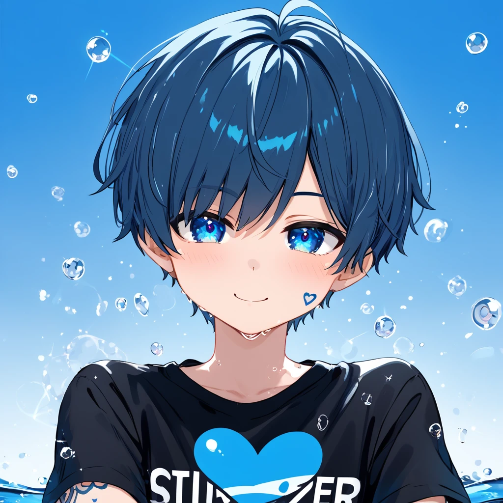 Art Anime 4K) (best qualityer) (super resolution) ((vtuber style))a Boy High, Short, Short Hair, Straight Hair, Half Black and the Other Half Completely Blue, blue colored eyes, Water Drop Tattoo on Cheek in Black Color, White T-Shirt with Black Sleeves Dotted with Blue Hearts, fluffly. A Only Boy, Alone.