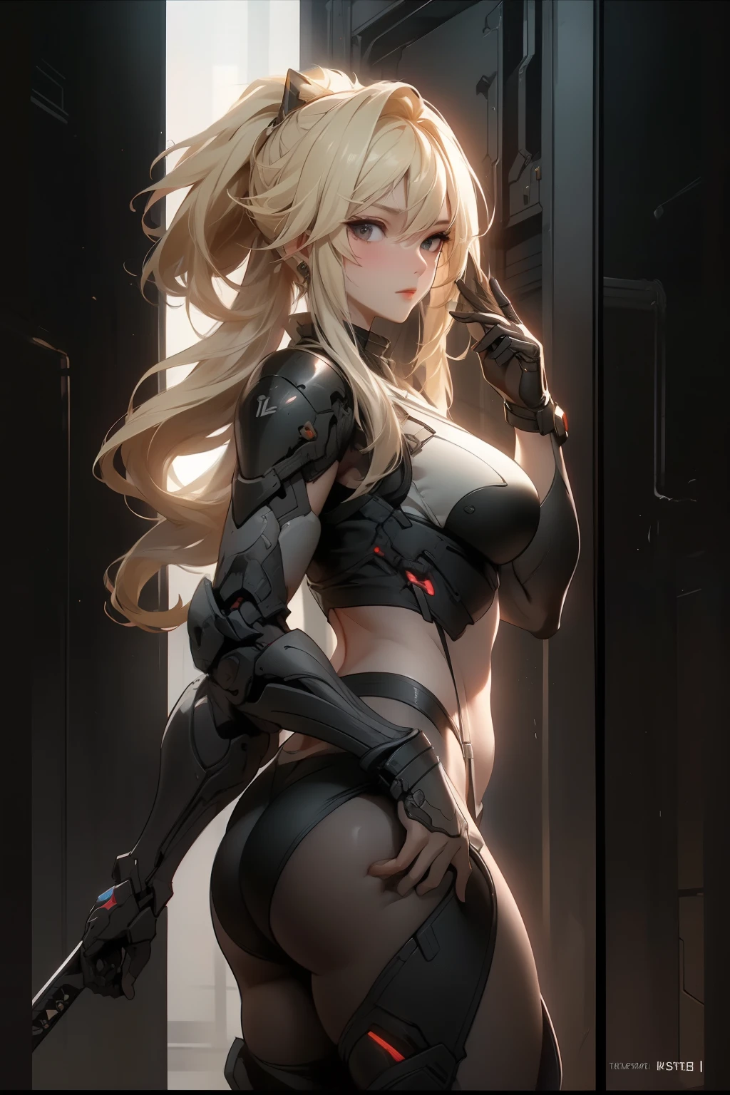 ((best quality)), ((Masterpiece)), (details:1.4), 3d, HDR (high dynamic range), an image of a beautiful cyberpunk female, Hight ponytails, Blonde hair, Black eyes, จมูกโด่ง, ปากแดง, หน้าอกใหญ่, nvidia RTX, PBR surface, After processing, Anisotropic filtration,depth of field, Maximum clarity and clarity, multi-layered surface, Subsurface scattering, perfect proportions, 8K raw files, ความละเอียดสุดยอด, Unreal 5, Perfect proportions, Octane Render, Two-tone lighting, Wide aperture, Low ISO, รายละเอียดดวงตา, crusader, Heavy armor, Fierce