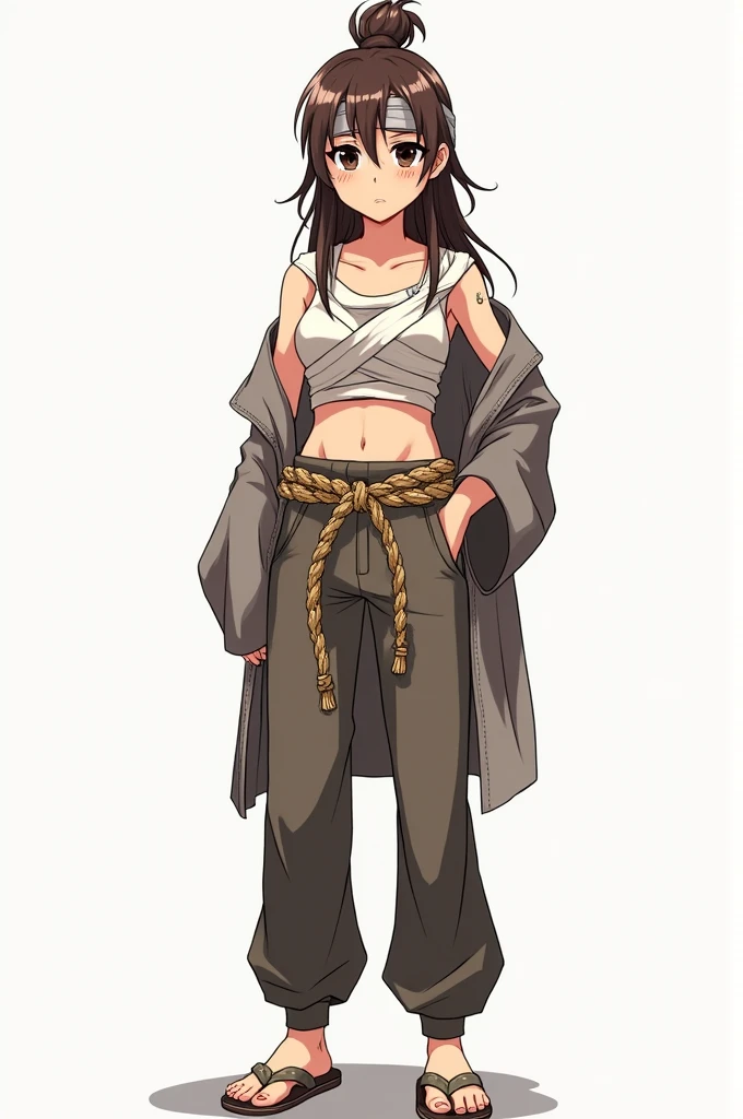 Une jeune femme dans un style manga shonen.
Elle porte un bandana, laissant voir ses cheveux longs et bruns. Elle porte aussi un chignon au dessus de la tête. Et quelque mèche passe en dessous de son bandana et tombe sur son front. 
Ses yeux sont noirs et fatigués et elle a un trou visible dans l'un de ses sourcils.
Son haut consiste en des bandages en guise de débardeur avec un kimono court à manches courtes qui s'arrête au niveau de ses coudes, ouvert et qui tombe de l'une de ses épaules. 
Autour de sa taille, elle a une ceinture faite d'une grosse corde nouée.
Elle porte un pantalon large et des sandales/tongs japonaises. Je veux voir le résultat de la tête au pieds.("tongs").
