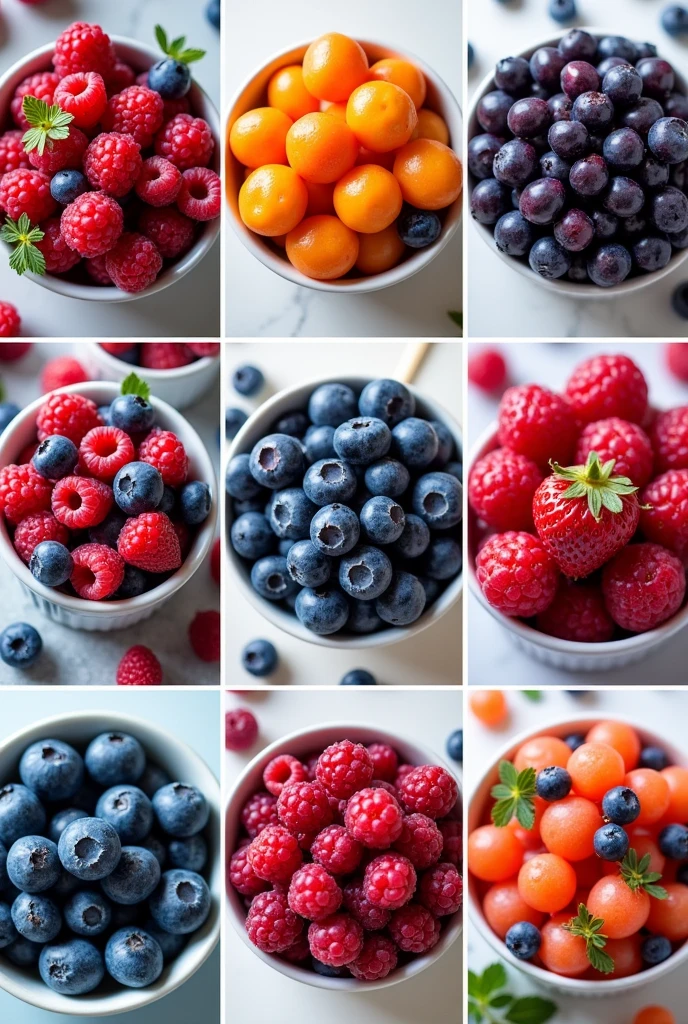 Collage of 9 colorful photographs.
Each photo shows berries in a bowl.
Different shapes and colors. blueberries, raspberry, strawberry, tuta, Currant Summer, joy