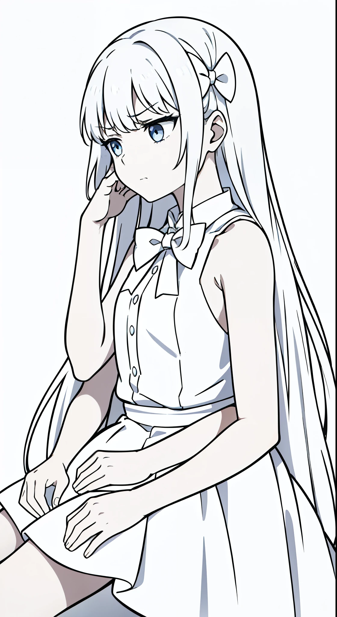 (1girl,10 years old),white hair,long hair,white dress, sleeveless,bow tie, bare shoulders,angry,(white background,line drawing),profile,looking away,sitting,extra arms,four arms, upper body, wind on hair, hand_on_own_face, head_rest, hand_on_own_cheek