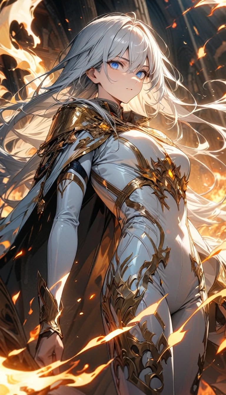 Adult man, male, boy, very long white hair, blue eyes, white tight bodysuit, cape, golden elements, fire from eyes, Masterpiece, best quality, Full HD, 8k, ultra details, great graphic