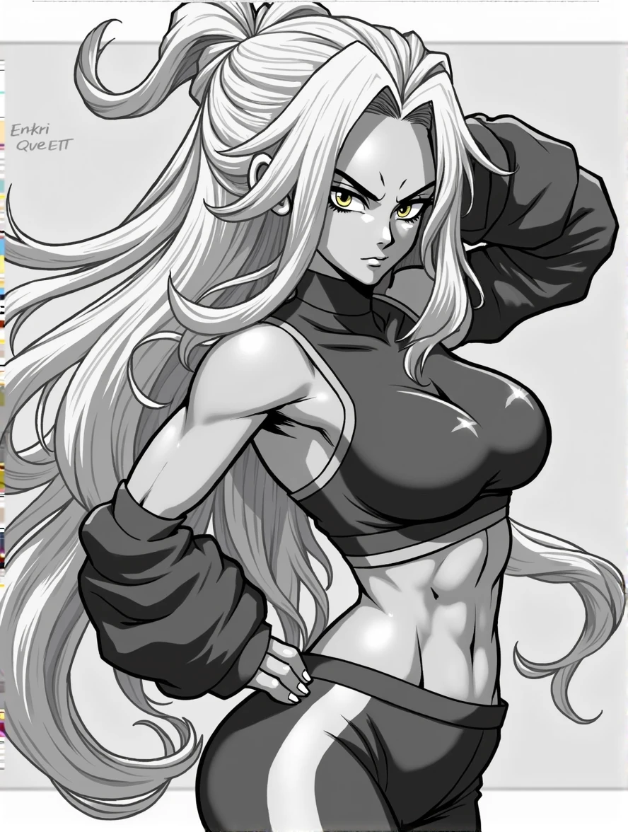 Android 21 is wearing sportswear and showcasing her back to the camera, black and white art, full body shot, Comic Cover, DRAGON BALL