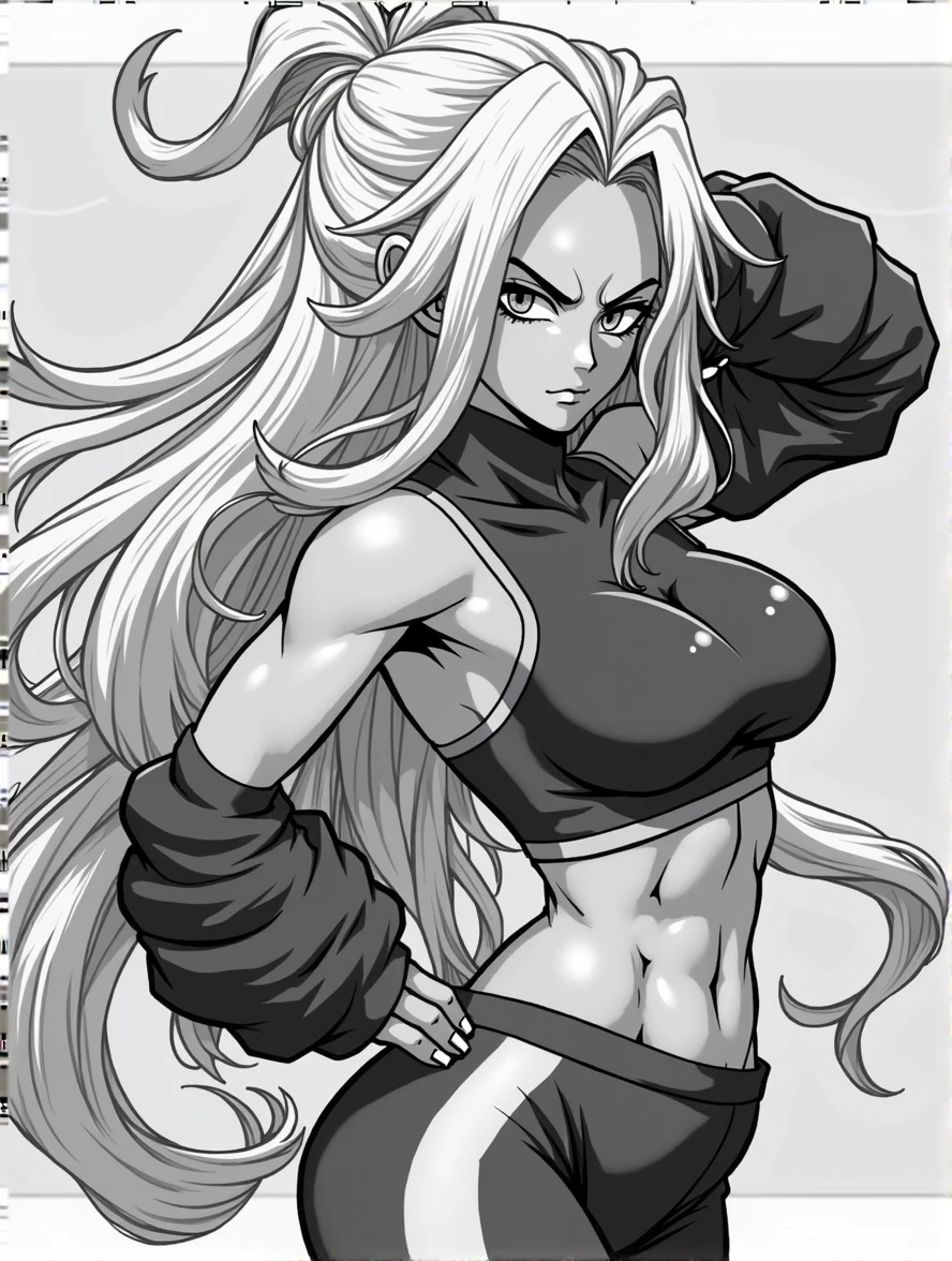 Android 21 is wearing sportswear and showcasing her back to the camera, black and white art, full body shot, Comic Cover, DRAGON BALL