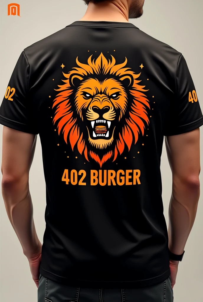 Design a disruptive urban creative uniform for my burger restaurant called 402 BURGER in black and orange, with a lion's head printed on the back of the shirt happily enjoying a hamburger with saliva and on the front our 402 BURGER logo